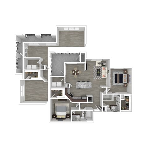 A 3D floor plan of a house with multiple rooms and furniture.